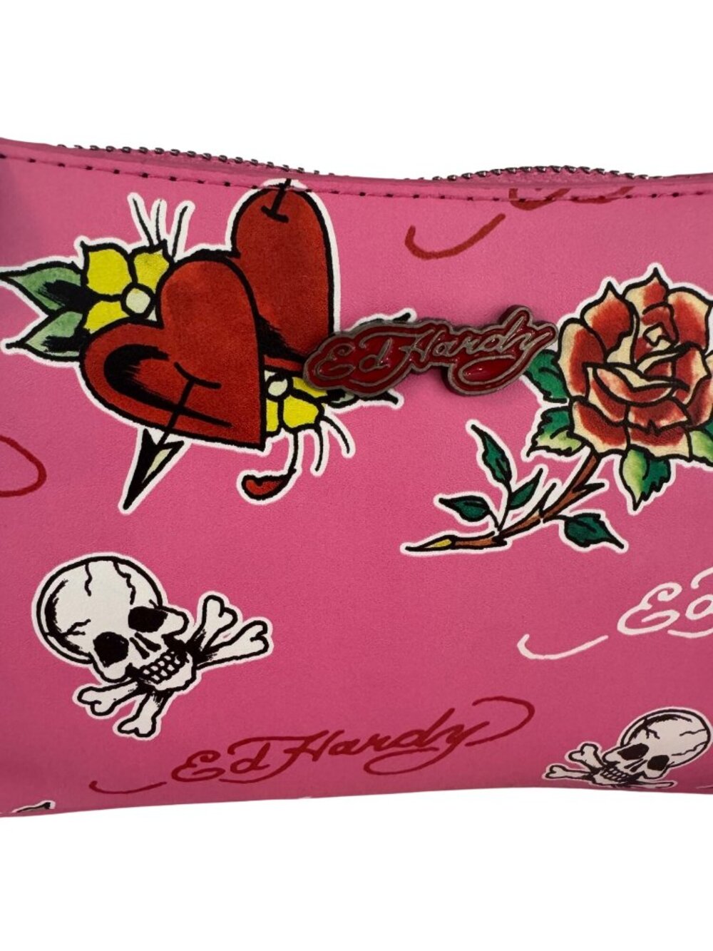 Ed Hardy Pink Tattoo Print Shoulder Bag With Skull Charm & Chain Accents - Picture 2 of 7